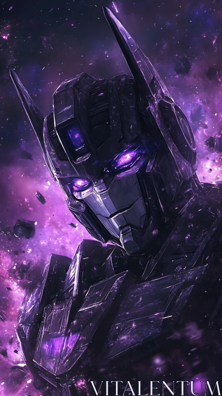 Cyberpunk mech warlord in violet deep-space particle storm.