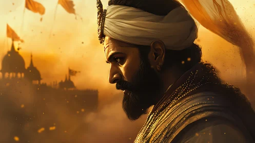 Golden dusk over a warrior king’s quiet, determined gaze.