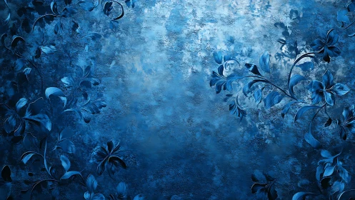 Midnight sapphire florals curling across textured mist.