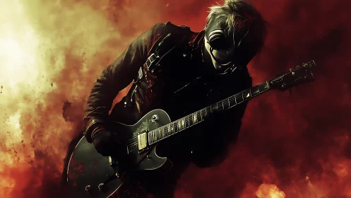 Masked rock guitarist shreds through smoky red stage haze