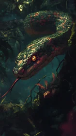 Digital painting of coiled jungle viper with luminous scales.