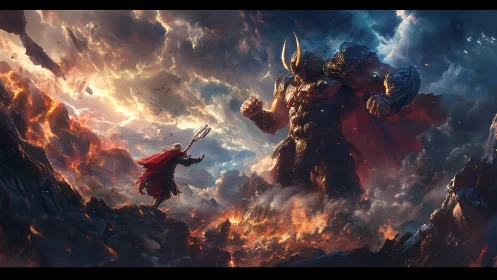Heroic warrior confronts towering giant in a fiery sky.