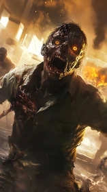Inferno-eyed zombie lunges through a burning urban nightmare.