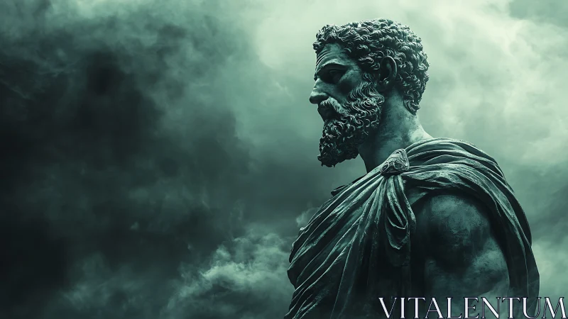 Stoic stone hero emerging through swirling green mist.