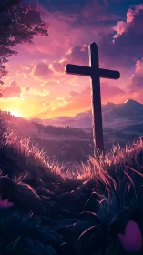 Sunset cross rises gently above glowing hillside path