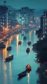 Urban canal with small wooden boats under evening lights.