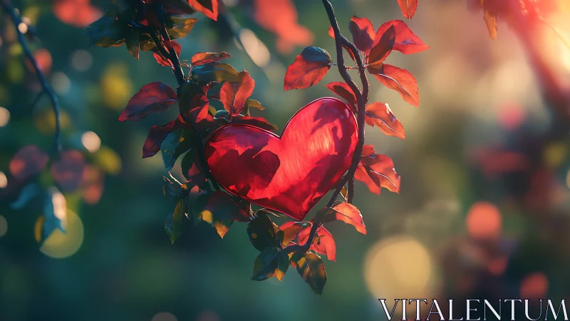 Sunlit Red Heart-Shaped Leaf with Warm Bokeh Background
