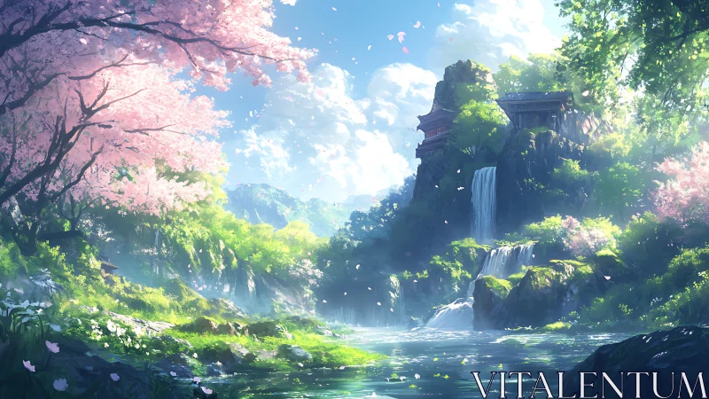 Cherry blossom valley surrounds tiered waterfalls and shrine