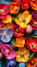 Vibrant Petunias Glistening with Morning Dew Drops.