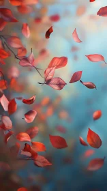 Red leaves suspended against soft teal bokeh field.