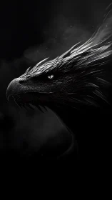 Monochrome side profile of a detailed dragon head silhouette.