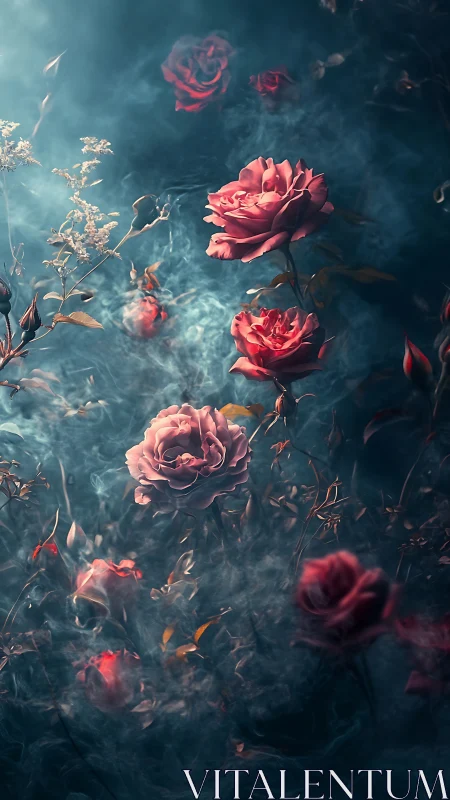 Red Roses in Misty Light, Dreamlike Garden Study.