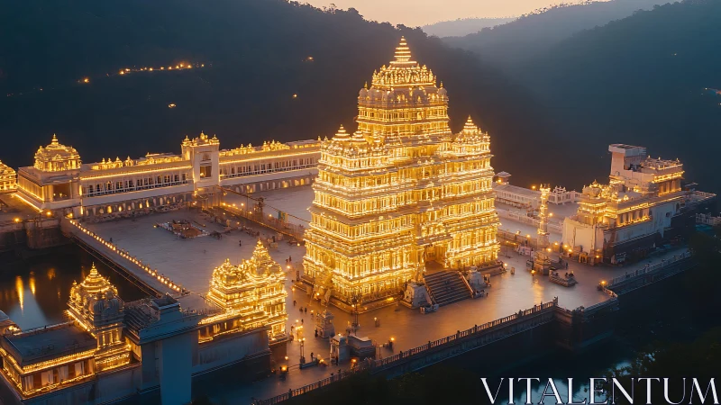 Illuminated riverside temple complex at dusk, aerial view.