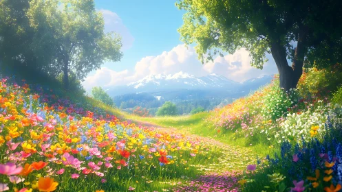 Mountain meadow path framed by wildflowers under bright sky