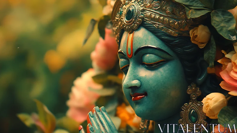 High-saturation digital painting of serene teal deity bust amid florals