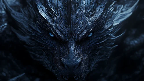 Blue-scaled dragon face fills frame in dark dramatic close-up