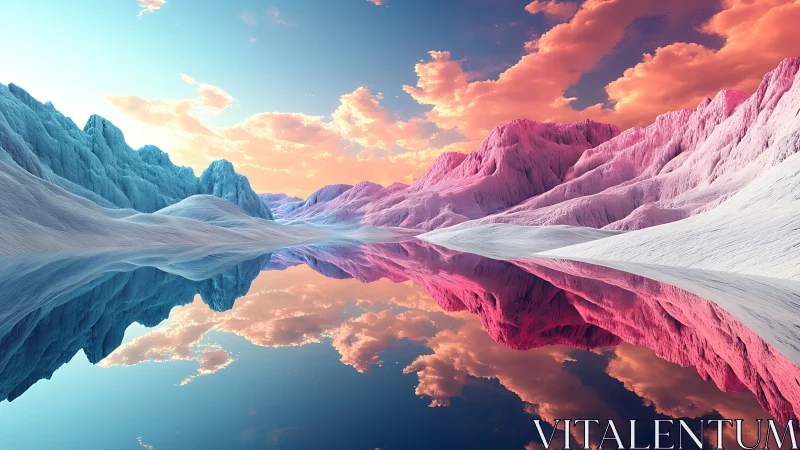 Symmetrical neon fjord landscape renders atmospheric chroma contrast