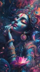 Divine blue goddess portrait with ornate jeweled adornments.