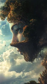 Surreal digital painting of a floating arboreal goddess visage.
