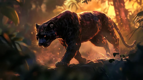 Black Panther Prowling Through Golden Jungle Undergrowth.