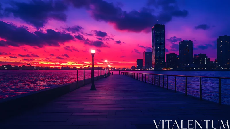 Pier walkway extends toward city skyline under vivid sunset