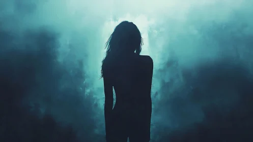 Silhouetted female figure against teal atmospheric haze.
