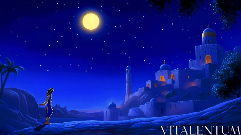 Digital painting of moonlit desert citadel in deep blue palette.