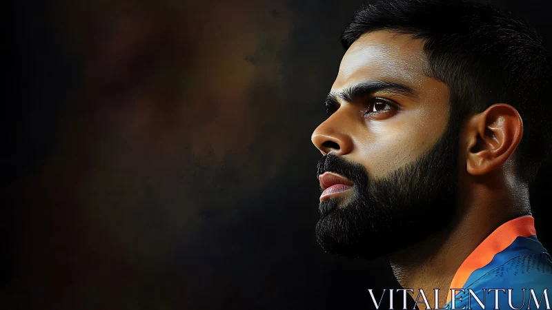 Side-lit cricketer portrait in intense contemplative focus.