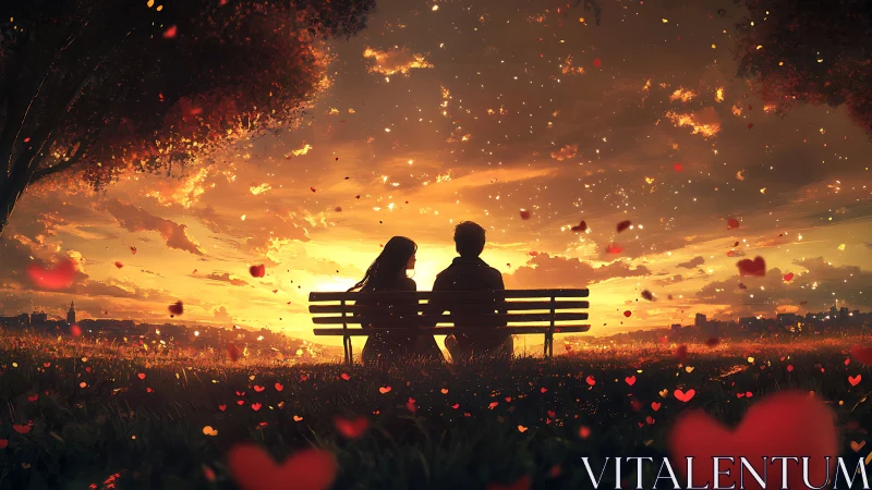 Two figures on bench beneath apocalyptic sunset with falling hearts