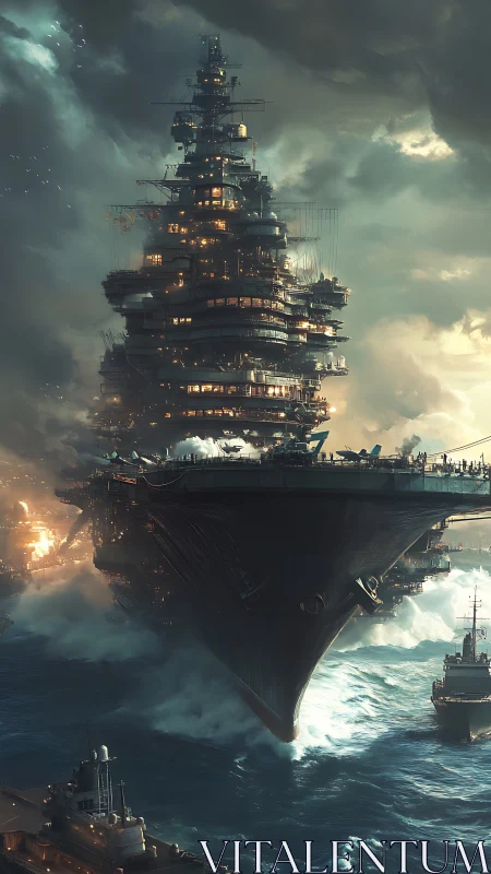 Colossal sky-tower battleship cleaves a storm-tossed sea.