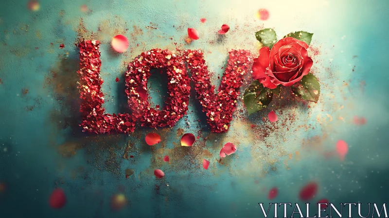 Glitter Love Typography with Red Rose Digital Composite. Teal Background.