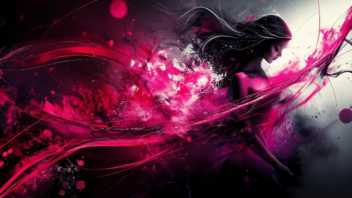 Chromatic fluid dynamics enveloping silhouetted digital figure.