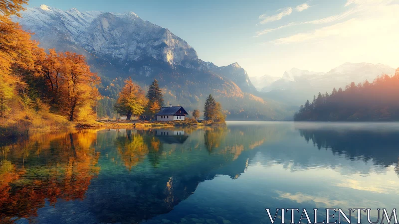 Autumn lake cabin beneath snowcapped mountain reflections.