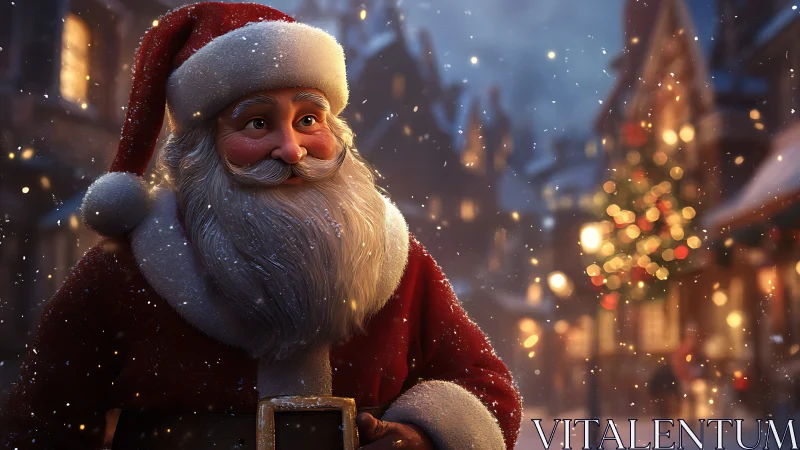 Warm-hearted Santa walks through a softly glowing snowfall