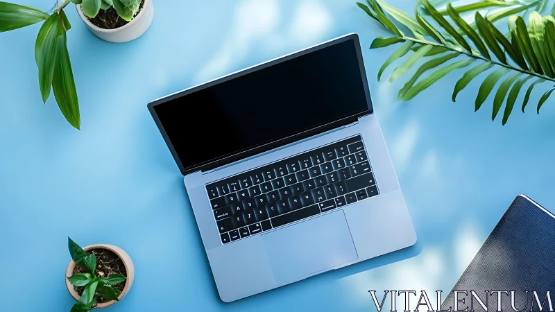 Silver laptop on blue desk with green plants and notebook.