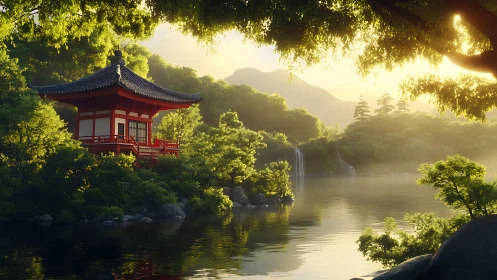 Lakeside Japanese pagoda in luminous sunrise forest light.
