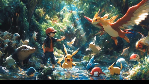 Trainer stands in shallow forest stream surrounded by creatures