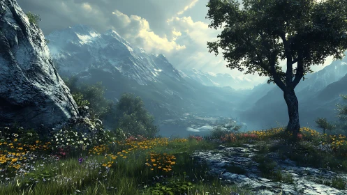 Mountain lake valley under dramatic backlit sky at dusk.