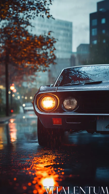Vintage coupe headlamp glowing on rain-soaked city street.