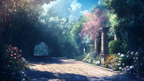 Sunlit garden walkway with flowers and stone colonnade.