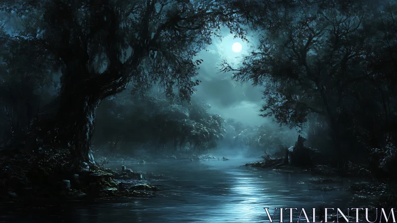 Moonlit river in dense forest under overcast night sky.