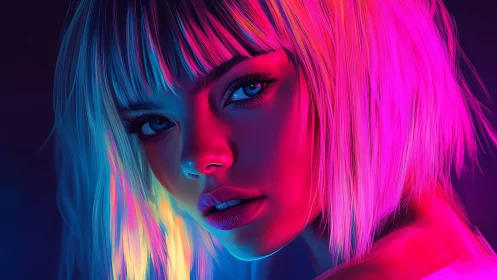 Neon lit portrait reveals a thoughtful gaze in bold color