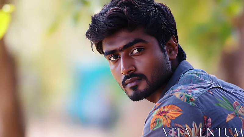 Pensive gaze in floral shirt beneath soft garden light.