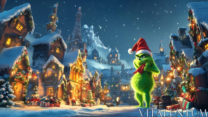 Green furry figure in stylized snowy Christmas village.