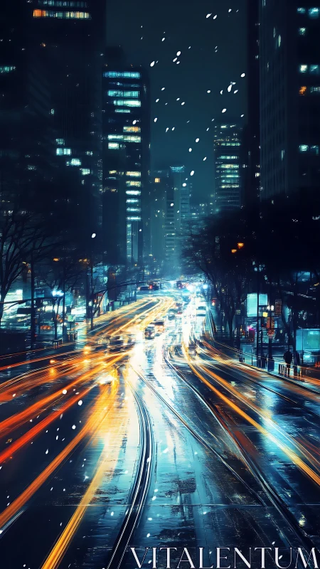 Snowflakes chase neon rivers through the midnight city