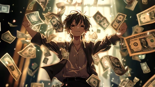 Confident anime teen celebrates a dramatic shower of money