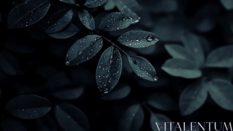 Dark foliage macro with raindrops on matte oval leaves.