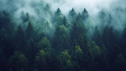 Coniferous forest landscape obscured by atmospheric mist layering