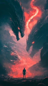 Lone warrior confronting twin abyssal dragons in flame veil.