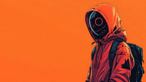 Hooded masked figure in orange-toned graphic streetwear illustration